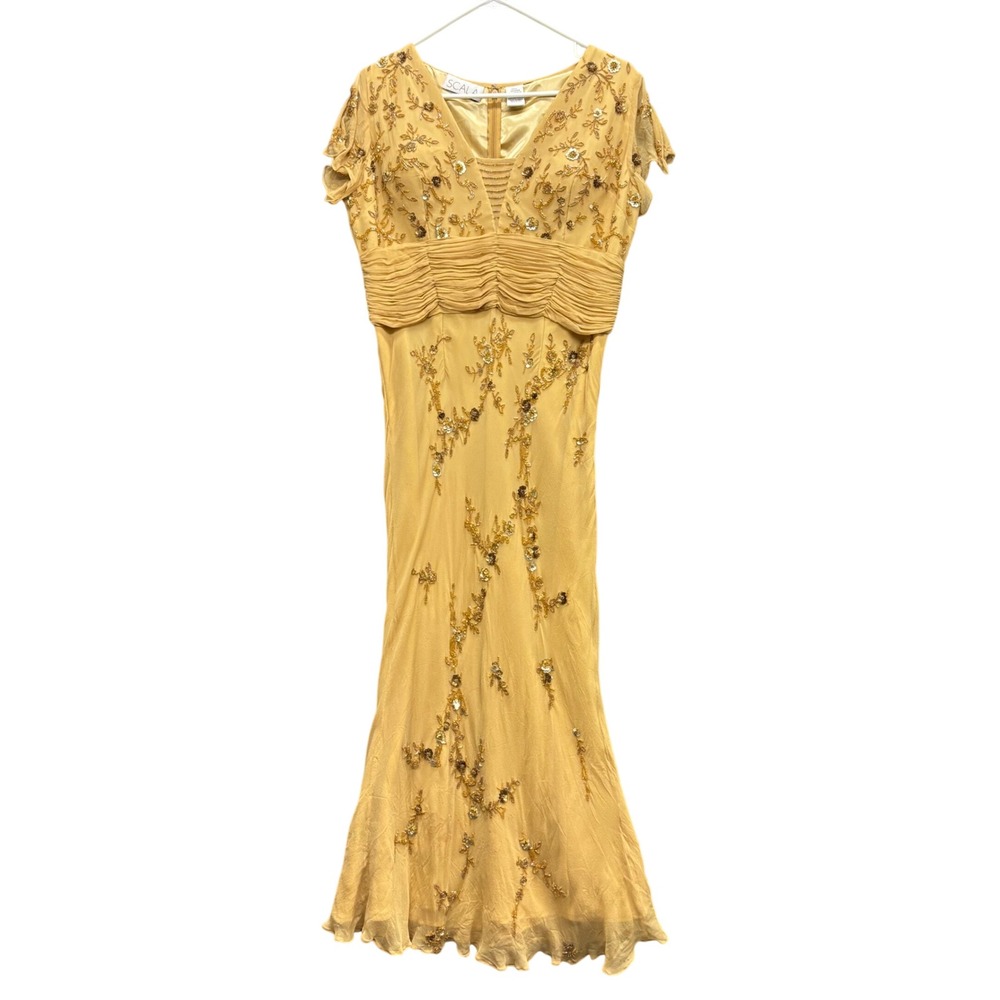 Scala Gold Silk Beaded Sequin Evening Gown Maxi Dress Split Flutter Sleeve L